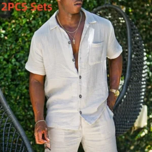 2025 hommes été coton lin ensembles décontractés mode à manches courtes chemise ample et Shorts deux pièces ensembles hommes plage vacances tenue