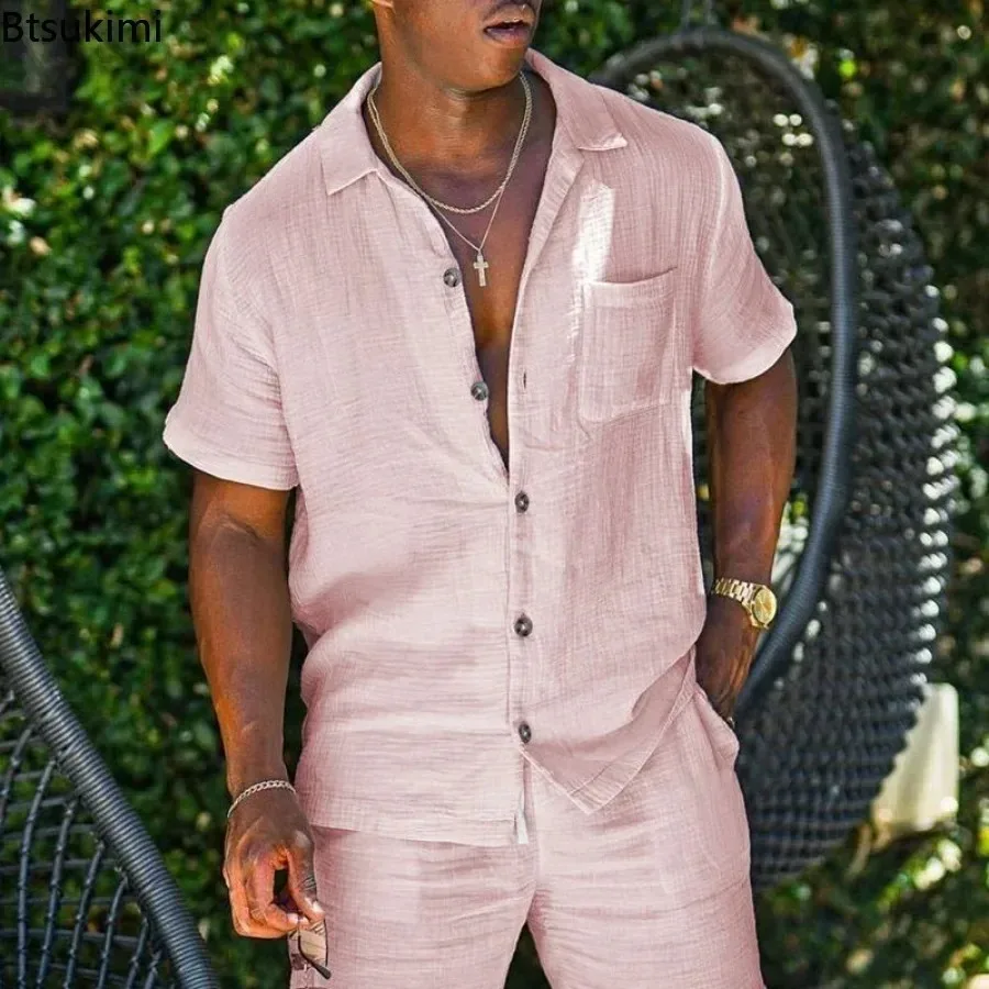 2025 hommes été coton lin ensembles décontractés mode à manches courtes chemise ample et Shorts deux pièces ensembles hommes plage vacances tenue
